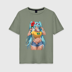 Женская футболка хлопок Oversize Miku Hatsune с цветком 