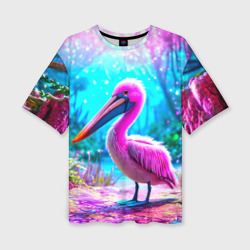 Женская футболка oversize 3D Пеликан в сказачном лесу