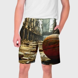 Мужские шорты 3D Баскетбольный мяч и город постапокалипсиса