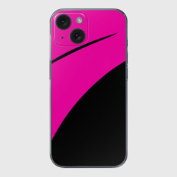 Чехол для iPhone 15 силиконовый с защитой камеры Розовый с чёрным двуцветный с полосой