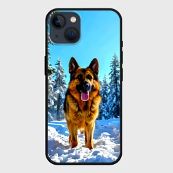Чехол для iPhone 14 Немецкая овчарка в лесу зимой
