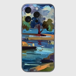 Чехол для iPhone 15 Pro Max силиконовый с защитой камеры Летний пейзаж маслом