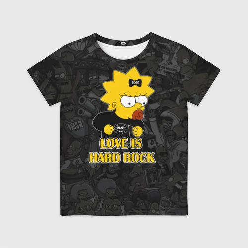 Детская футболка 3D с принтом Мэгги Симпсон love is Hard rock, вид спереди #2