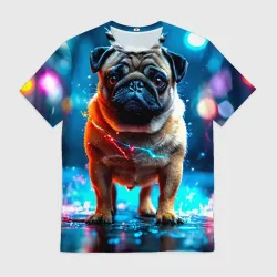 Мужская футболка 3D Мопс в неоновых искрах