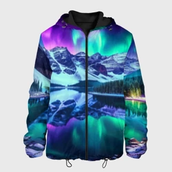 Мужская куртка 3D Северное сияние над горами - неоновое свечение