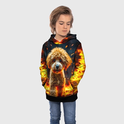 Детская толстовка 3D с принтом Пудель в искрах огня, фото на моделе #1