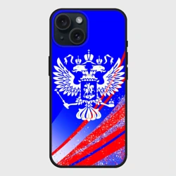 Чехол силиконовый для Apple iPhone 15 матовый Герб России на фоне цветов флага синий