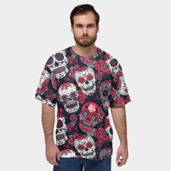 Мужская футболка oversize 3D Мексиканские черепа в розах - фото 2