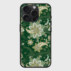 Чехол силиконовый для Apple iPhone 15 Pro матовый Зеленые узоры пейсли
