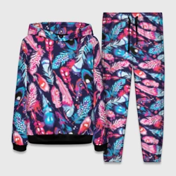 Женский костюм с толстовкой 3D Экзотические перья - розовые и голубые
