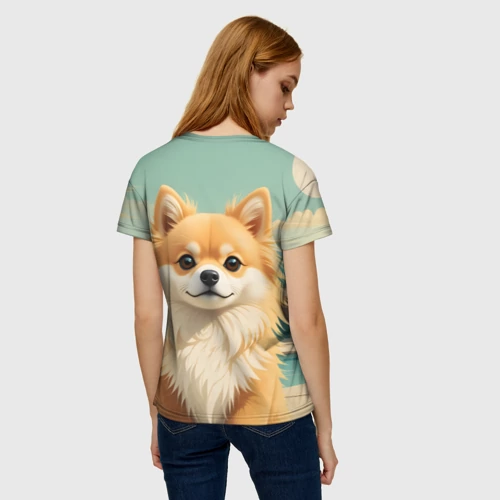 Женская футболка 3D с принтом Шпиц и пальмы, вид сзади #2