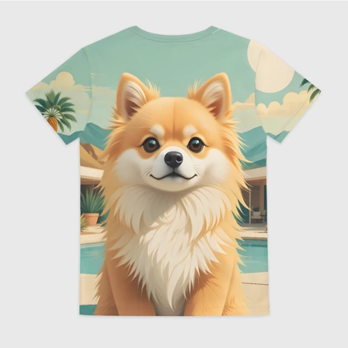 Женская футболка 3D с принтом Шпиц и пальмы, вид сзади #1