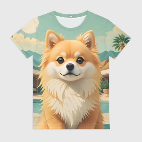 Женская футболка 3D с принтом Шпиц и пальмы, вид спереди #2