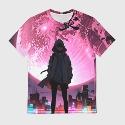 Мужская футболка 3D Аниме и розовая луна