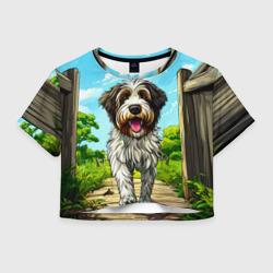 Женская футболка Crop-top 3D Собака бобтейл у забора
