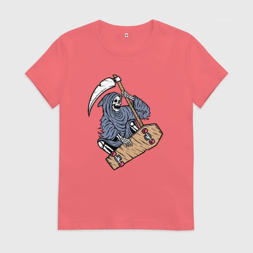 Женская футболка хлопок с принтом Смерть на скейте, вид спереди #2