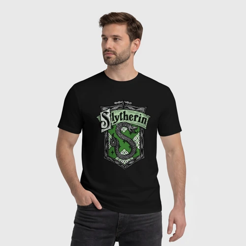 Мужская футболка хлопок с принтом Slytherin emblem, фото на моделе #1