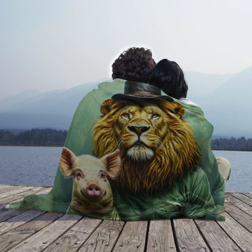 Плед 3D с принтом Лев со свиньей, вид сбоку #3