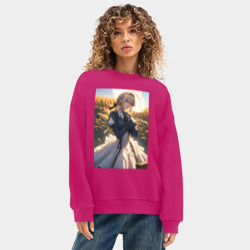 Женский свитшот oversize без начеса хлопок Вайолет Эвергарден на поле пшеницы - фото 2