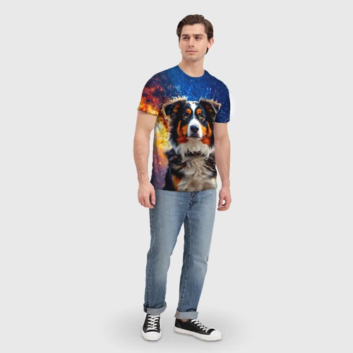 Мужская футболка 3D с принтом Австралийская овчарка в космосе, вид сбоку #3