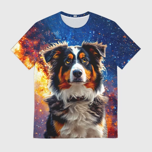Мужская футболка 3D с принтом Австралийская овчарка в космосе, вид спереди #2
