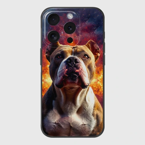 Чехол для iPhone 15 Pro силиконовый с защитой камеры Американский булль в космосе