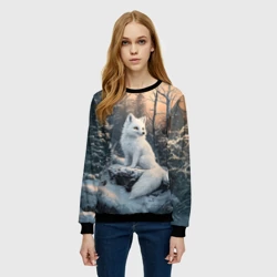 Женский свитшот 3D Белый лисенок в зимнем лесу - фото 2