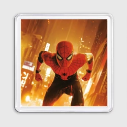 Магнит 55*55 Человек-паук на фоне горящего города
