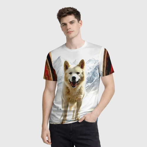 Мужская футболка 3D с принтом Белый пес в проеме, фото на моделе #1