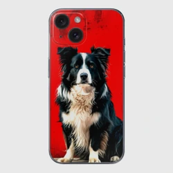 Чехол для iPhone 15 силиконовый с защитой камеры Бордер-колли на красном