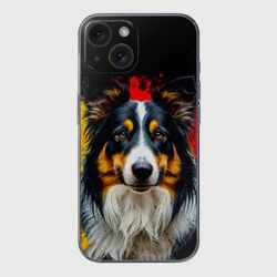 Чехол для iPhone 15 силиконовый с защитой камеры Колли на черном с красно-желтым