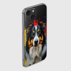 Чехол для iPhone 15 силиконовый с защитой камеры Колли на черном с красно-желтым - фото 2