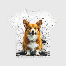 Детская футболка 3D Корги на белом с черным