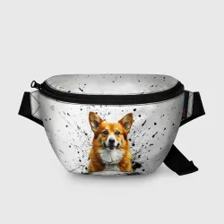 Поясная сумка 3D Корги на белом с черным
