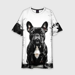 Детское платье 3D Французский бульдог на белом с черным