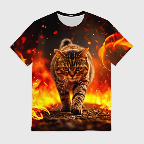 Мужская футболка 3D с принтом Экзотическая кошка в огне, вид спереди #2