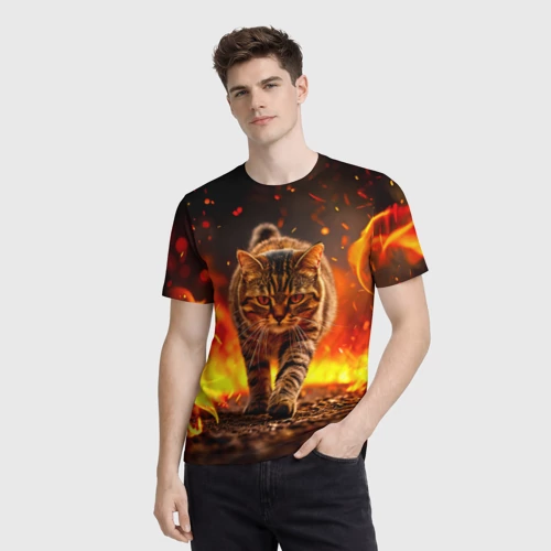 Мужская футболка 3D с принтом Экзотическая кошка в огне, фото на моделе #1