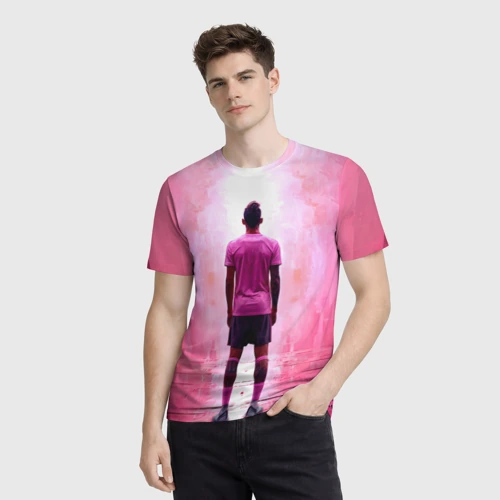 Мужская футболка 3D с принтом Бруно Фернандеш на розовом, фото на моделе #1