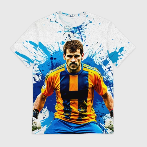 Мужская футболка 3D с принтом Икер Касильяс в синей краске, вид спереди #2