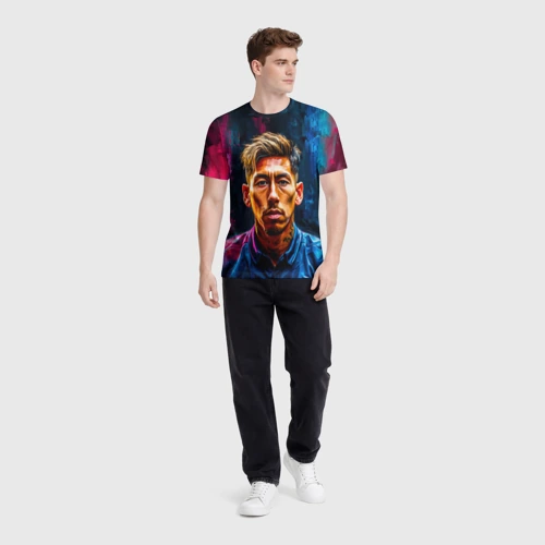 Мужская футболка 3D с принтом Роберто Фирмино на черном, вид сбоку #3