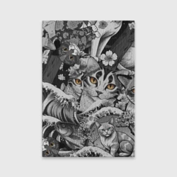Обложка для паспорта матовая кожа С котами и рыбой  на фоне сакуры в волнах