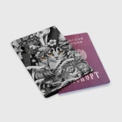 Обложка для паспорта матовая кожа С котами и рыбой  на фоне сакуры в волнах - фото 2