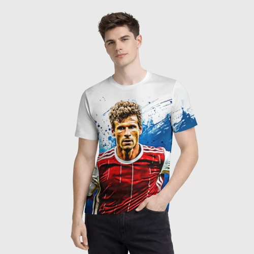 Мужская футболка 3D с принтом Томас Мюллер на белом, фото на моделе #1