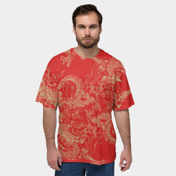 Мужская футболка oversize 3D Золотые драконы на красном - фото 2