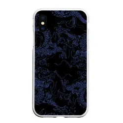 Чехол для iPhone XS Max матовый Синий дракон на черном