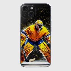 Чехол для iPhone 15 силиконовый с защитой камеры Хоккейный вратарь в желтом