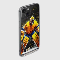 Чехол для iPhone 15 силиконовый с защитой камеры Хоккейный вратарь в желтом - фото 2