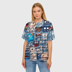 Женская футболка oversize 3D Джинсовые пришельцы в пэчворке - фото 2