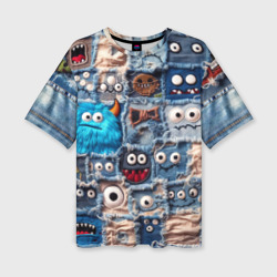 Женская футболка oversize 3D Джинсовые пришельцы в пэчворке
