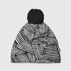 Шапка 3D c помпоном Минималистичный черно белый паттерн в линию